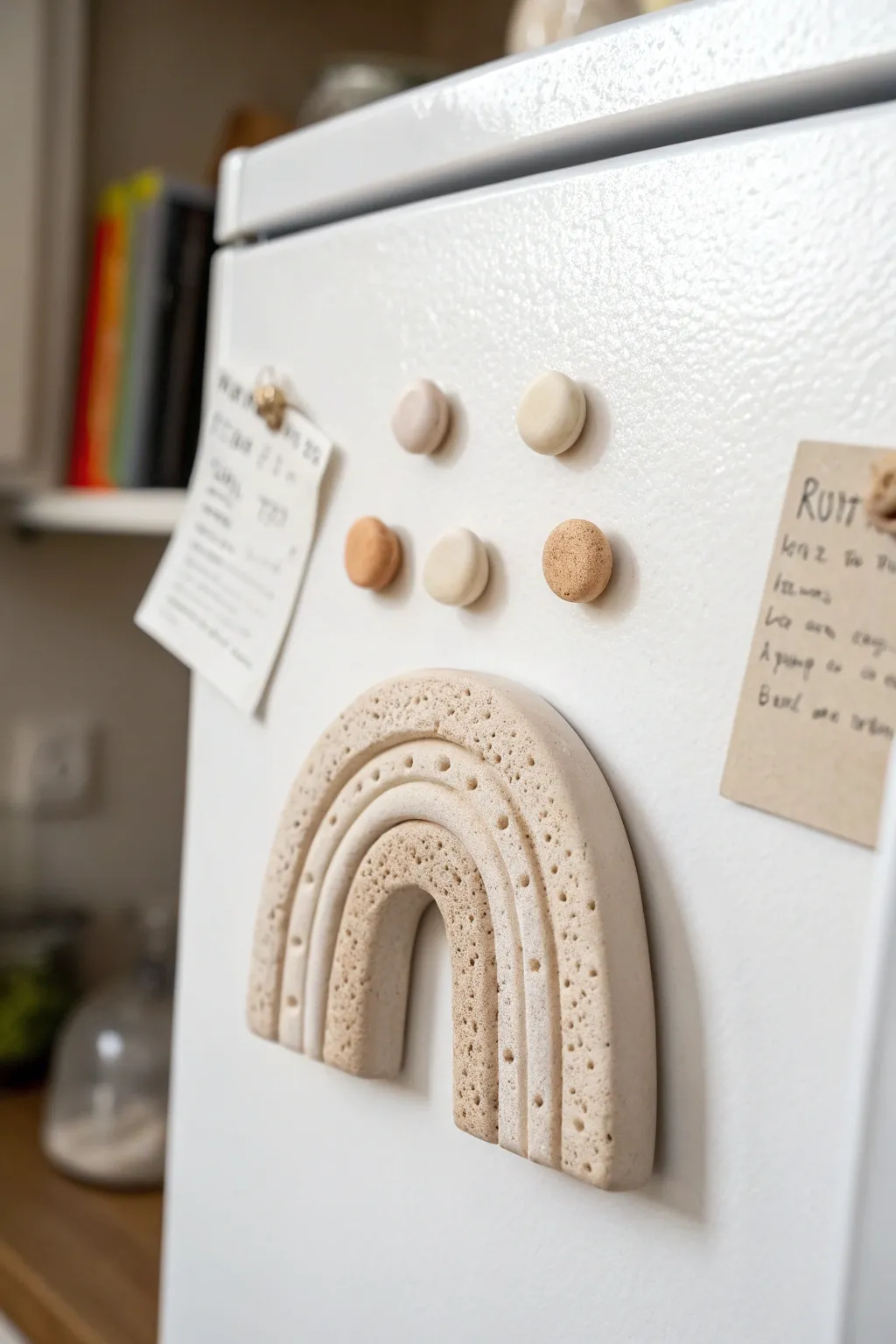 Soft neutral air dry clay fridge magnets with subtle texture, minimalist boho charm.