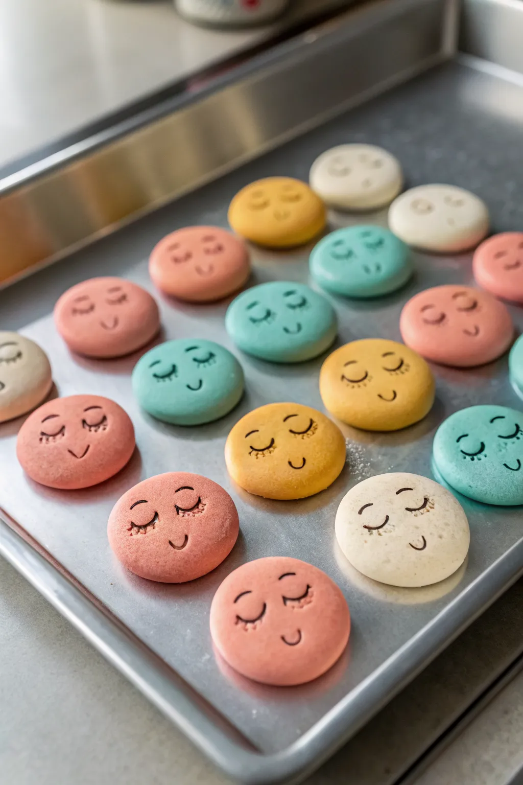 Bright minimalist clay face magnets in a tidy grid, showcasing simple expressions and handmade charm