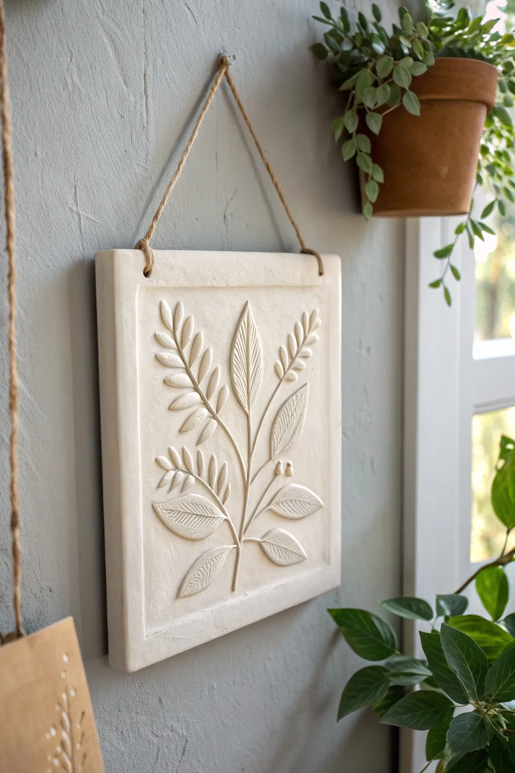 Minimal botanical relief wall tile in air dry clay, soft monochrome and natural shadow depth