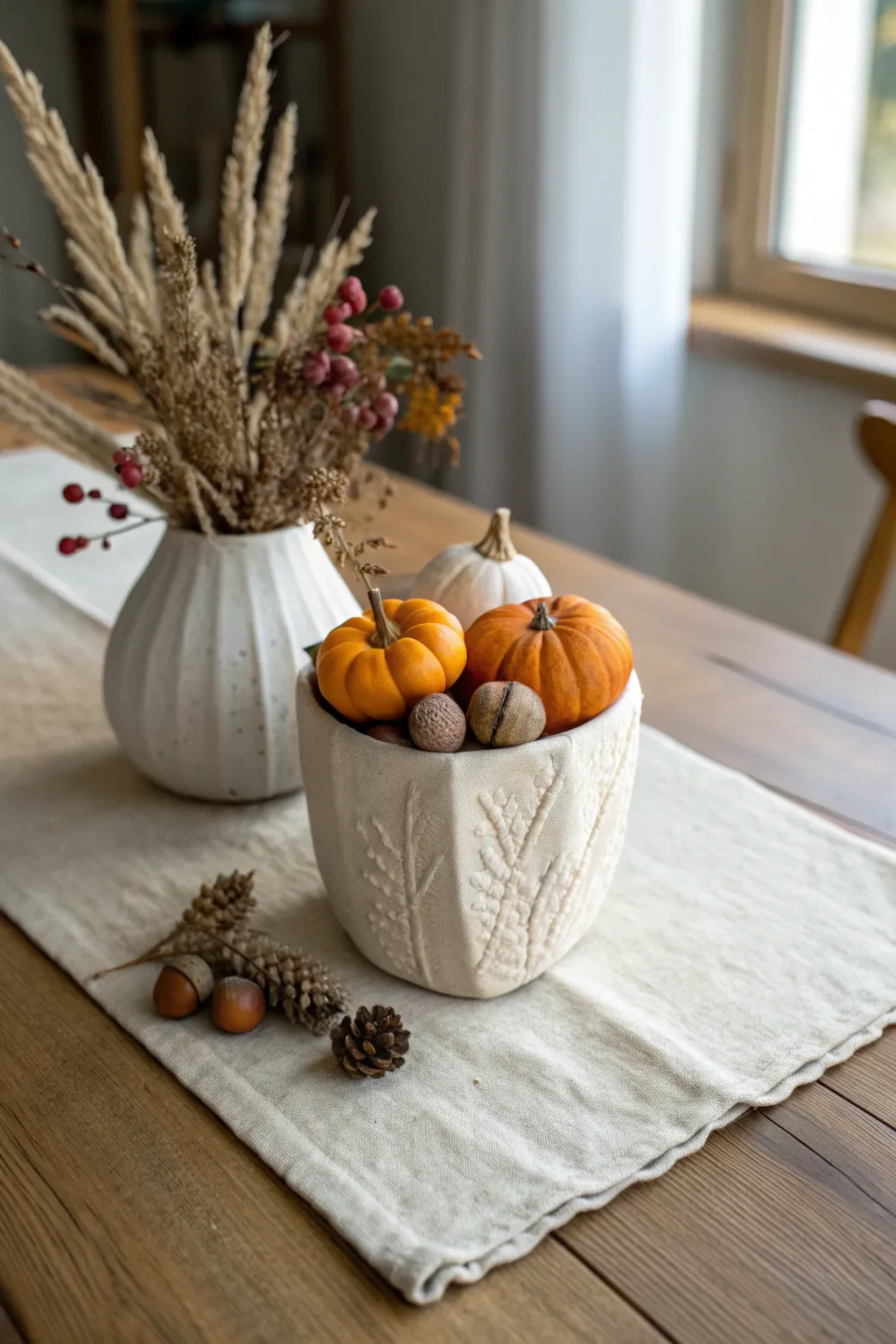 Minimal clay cornucopia pocket centerpiece filled with tiny pumpkins and dried florals for Thanksgiving