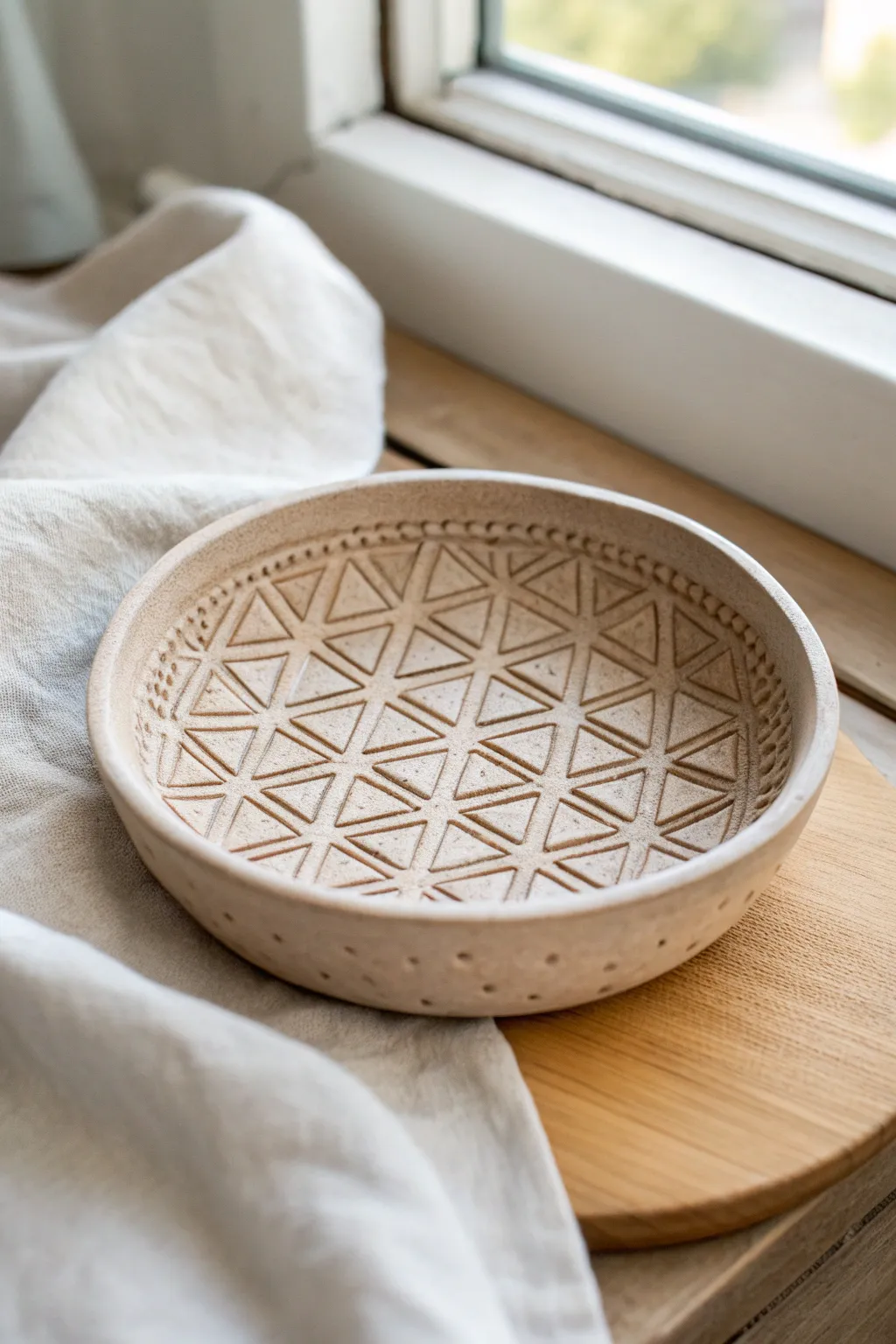 Soft neutral geometric stamped trinket dish, an easy air dry clay DIY for modern boho decor.