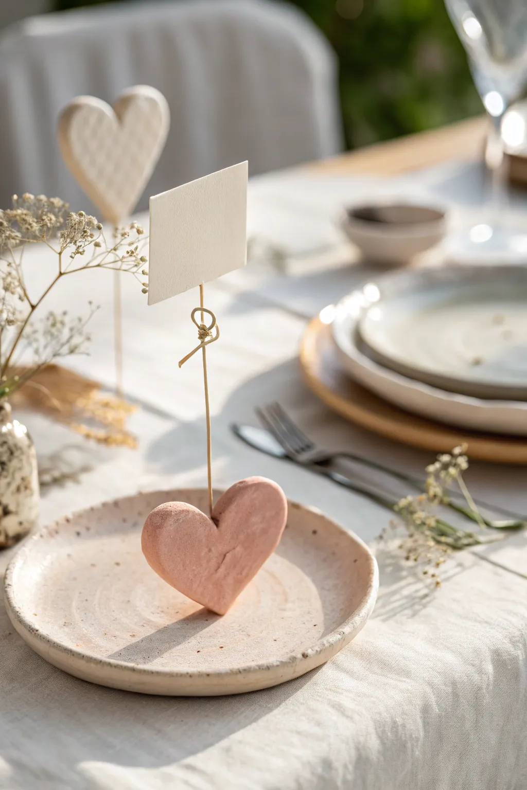 Simple air dry clay heart place card holder with a clean slot, minimalist Valentine table styling