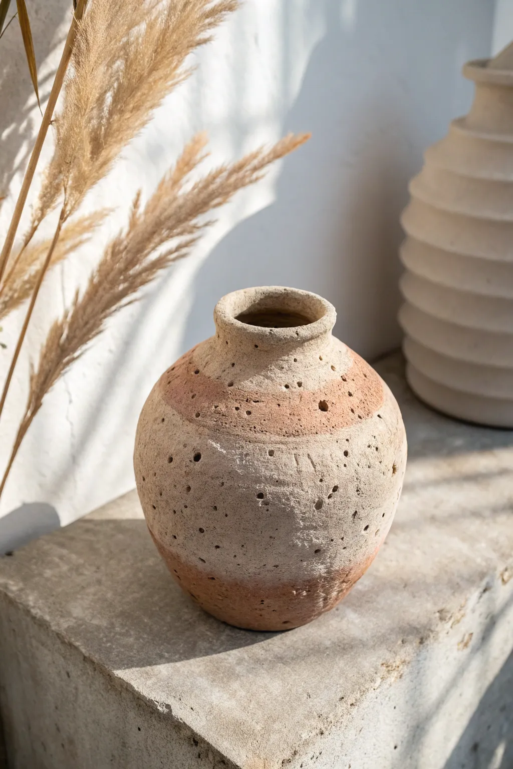 Stone-textured air-dry clay vase with an earthy, minimalist look for cozy modern spaces.