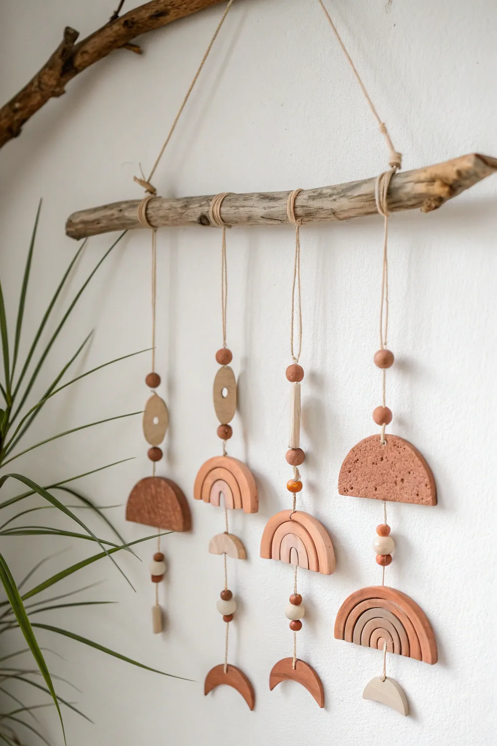 Minimal driftwood bar wall hanging with simple air dry clay charms for an easy boho touch.