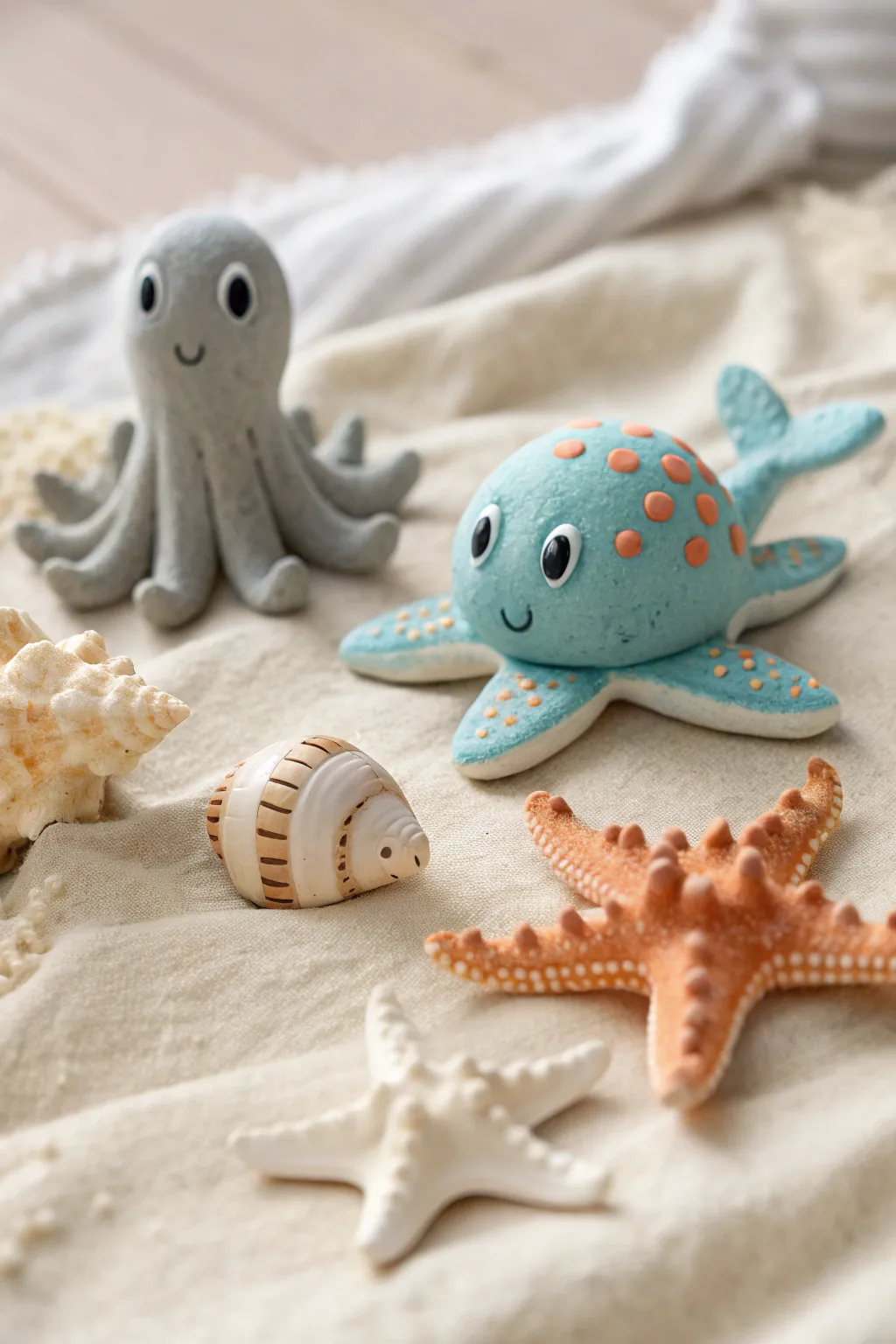 Tiny air-dry clay sea creature friends in soft pastels, perfect for cute minimalist decor