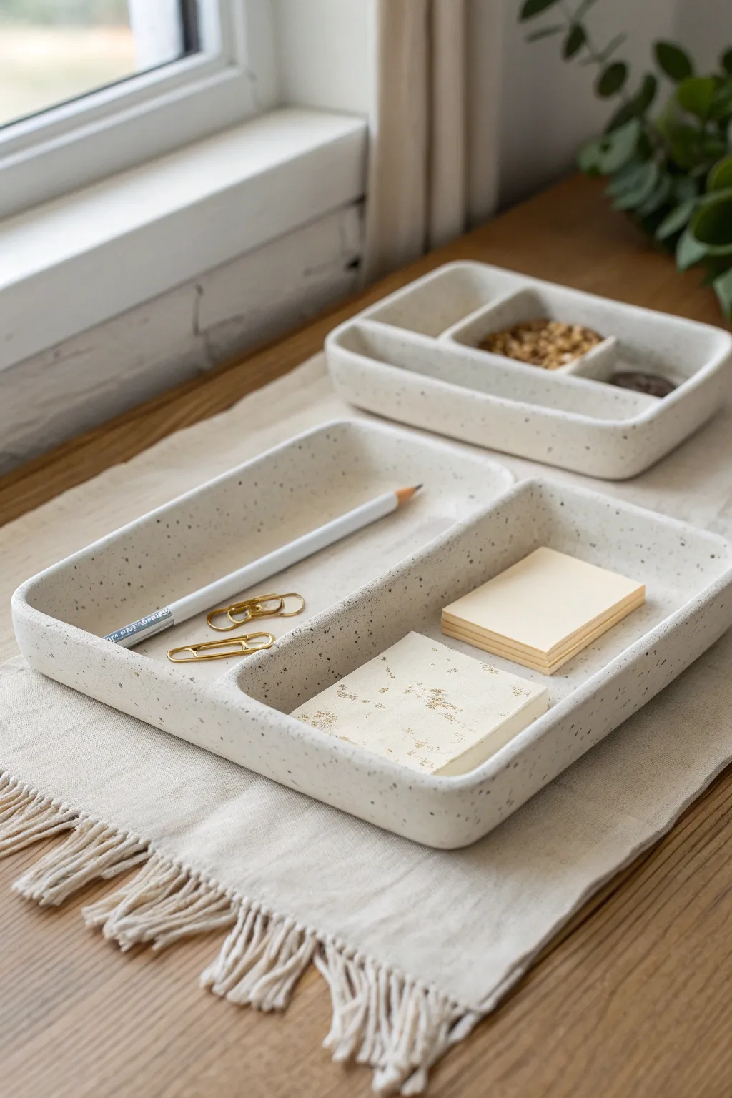 Air dry clay desk trays in a calm Nordic style, perfect for clips, notes, and a pen