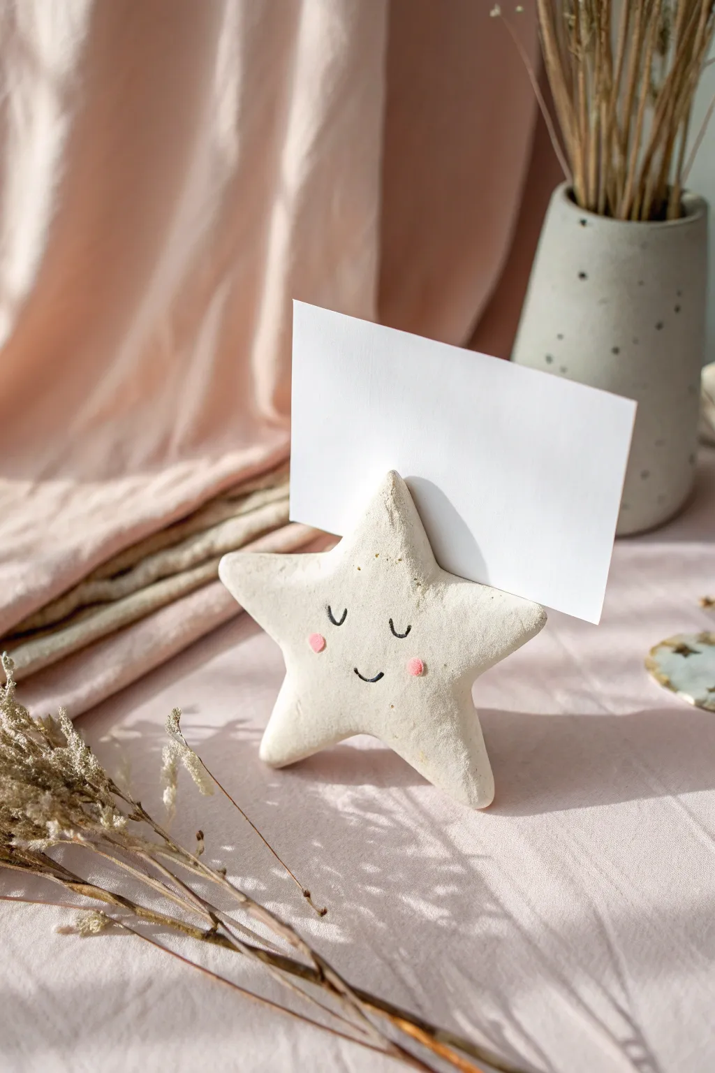Cute air dry clay star holder with blush face, perfect for displaying mini cards and photos.
