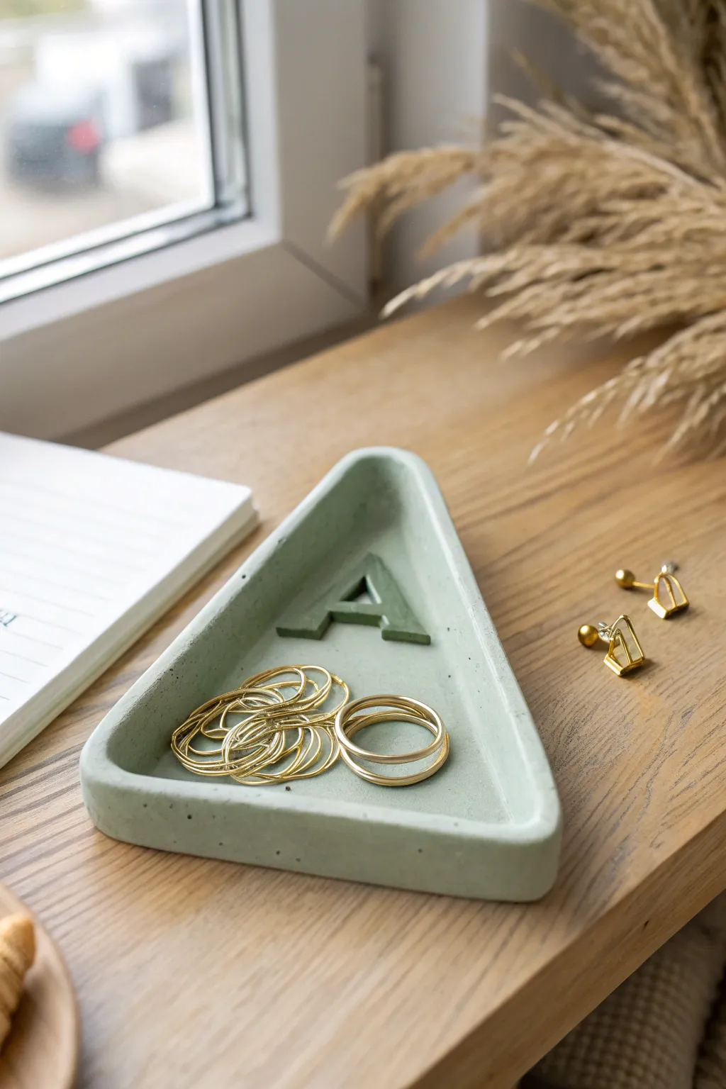 Personalized air dry clay alphabet tray in muted sage, perfect for rings and tiny desk finds.