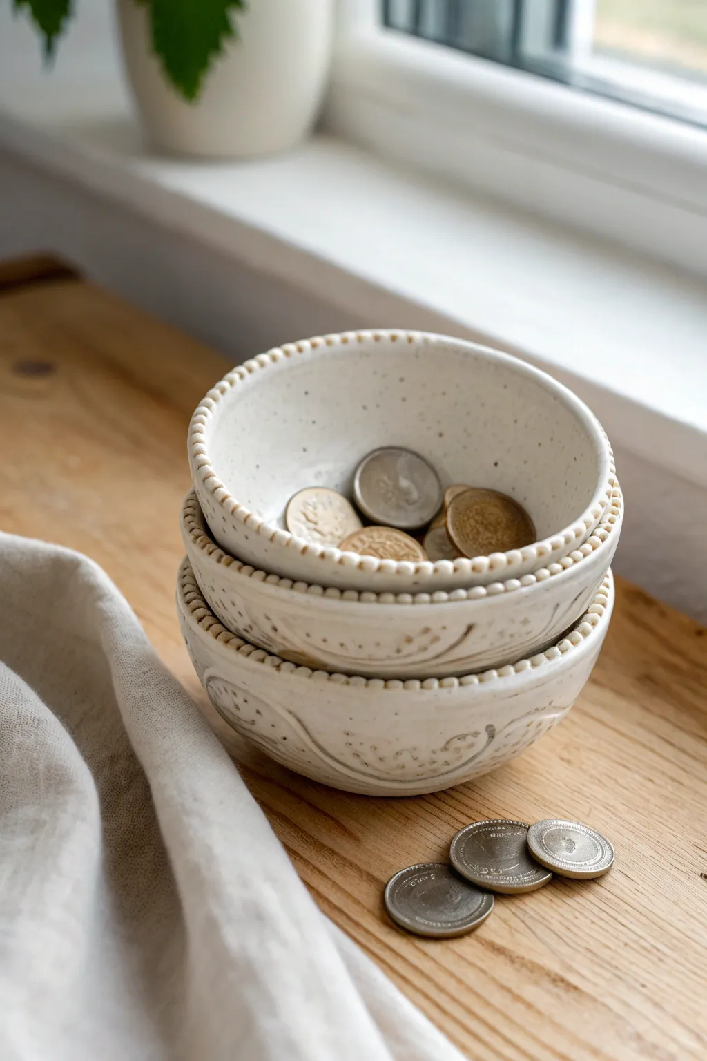 Minimal beaded-edge air-dry clay pinch bowls, a chic catchall for coins and tiny treasures.