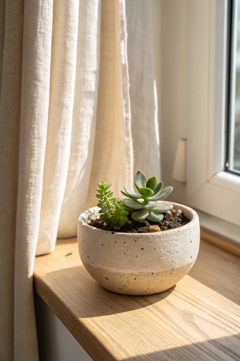 Chunky air-dry clay planter with a tiny succulent, sunlit and minimalist for easy DIY charm.