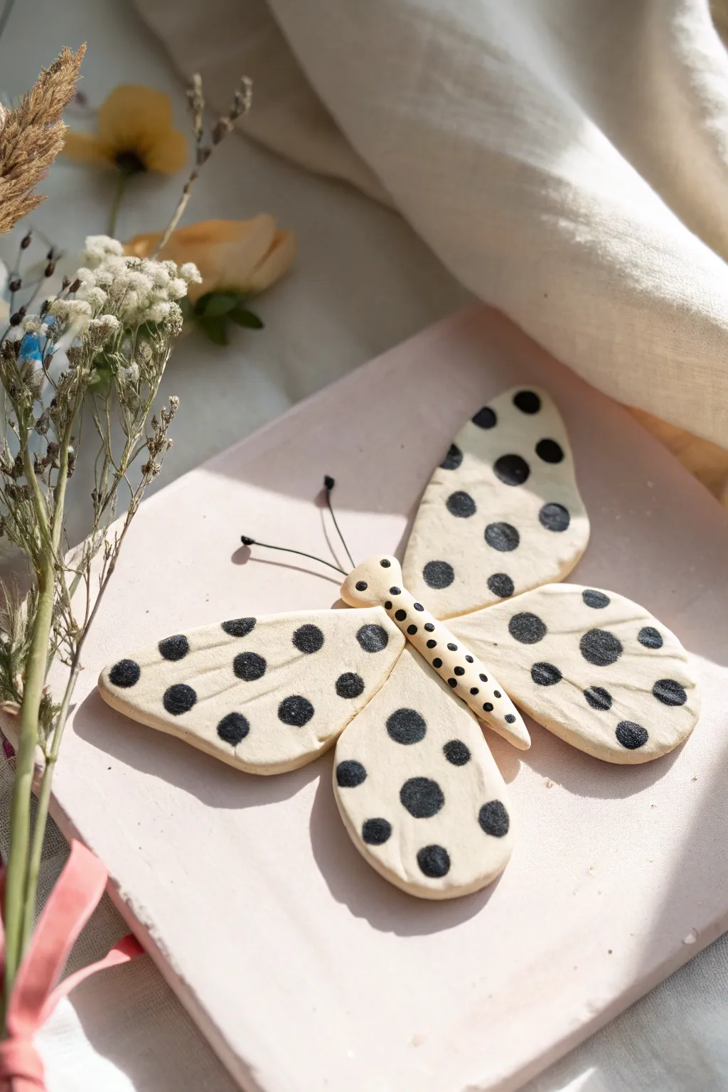 Flat-wing clay butterfly with bold spots, styled on a soft pastel surface for a clean, graphic look