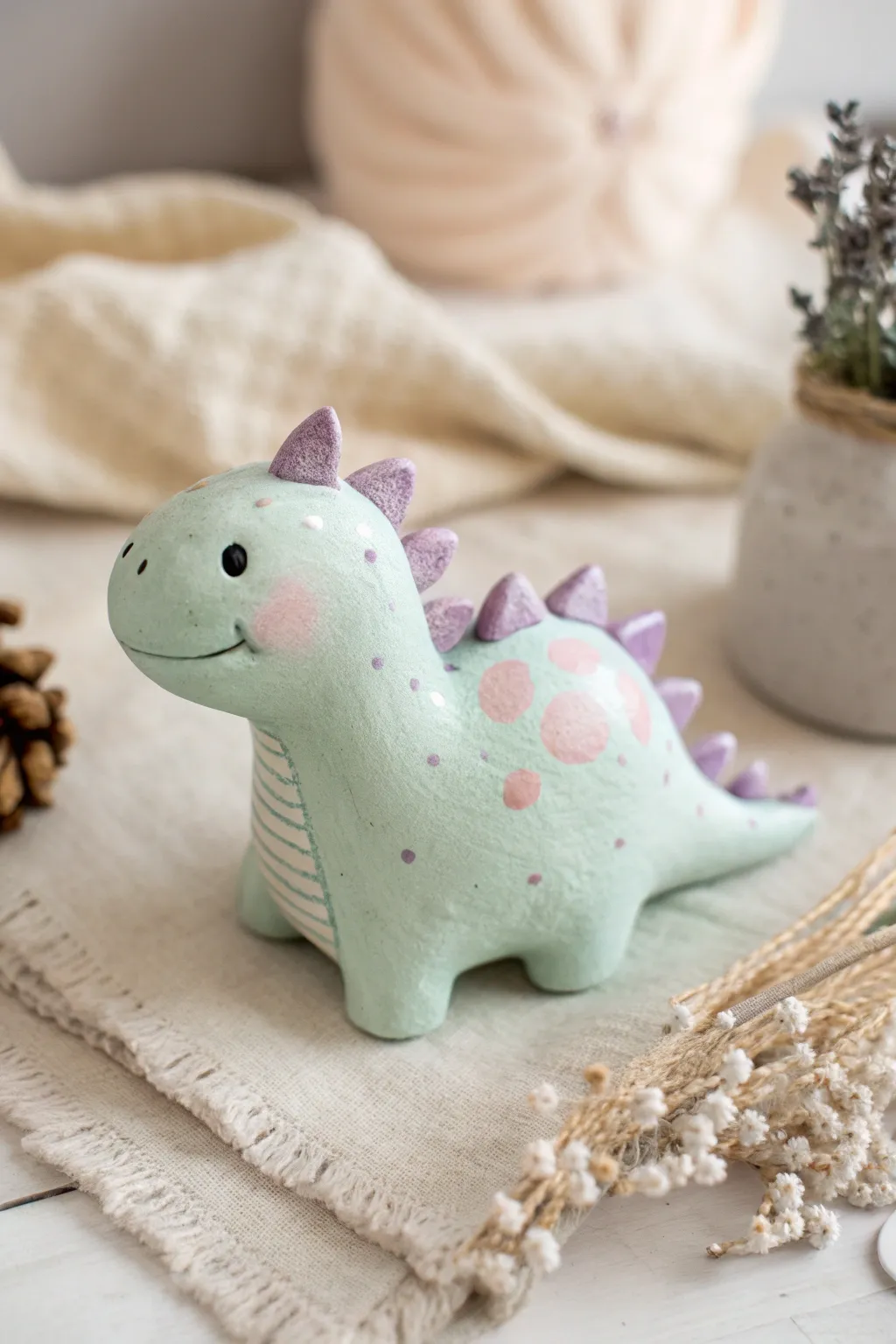 Make this pastel clay dinosaur with soft spikes, a sweet beginner-friendly cute creature.