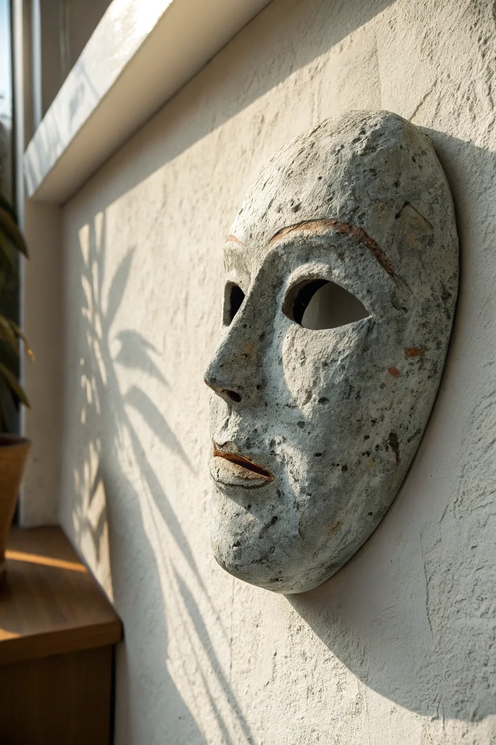 Aged stone clay mask with weathered pits and soft shadow, minimalist Scandinavian boho vibe.
