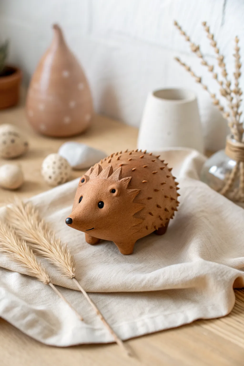 Simple toothpick-textured clay hedgehog sculpture, minimalist and cute for easy DIY pottery decor.
