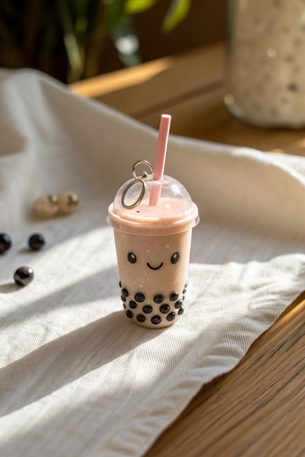 Adorable clay bubble tea charm with dark pearls and a chunky straw, styled minimalist-boho.