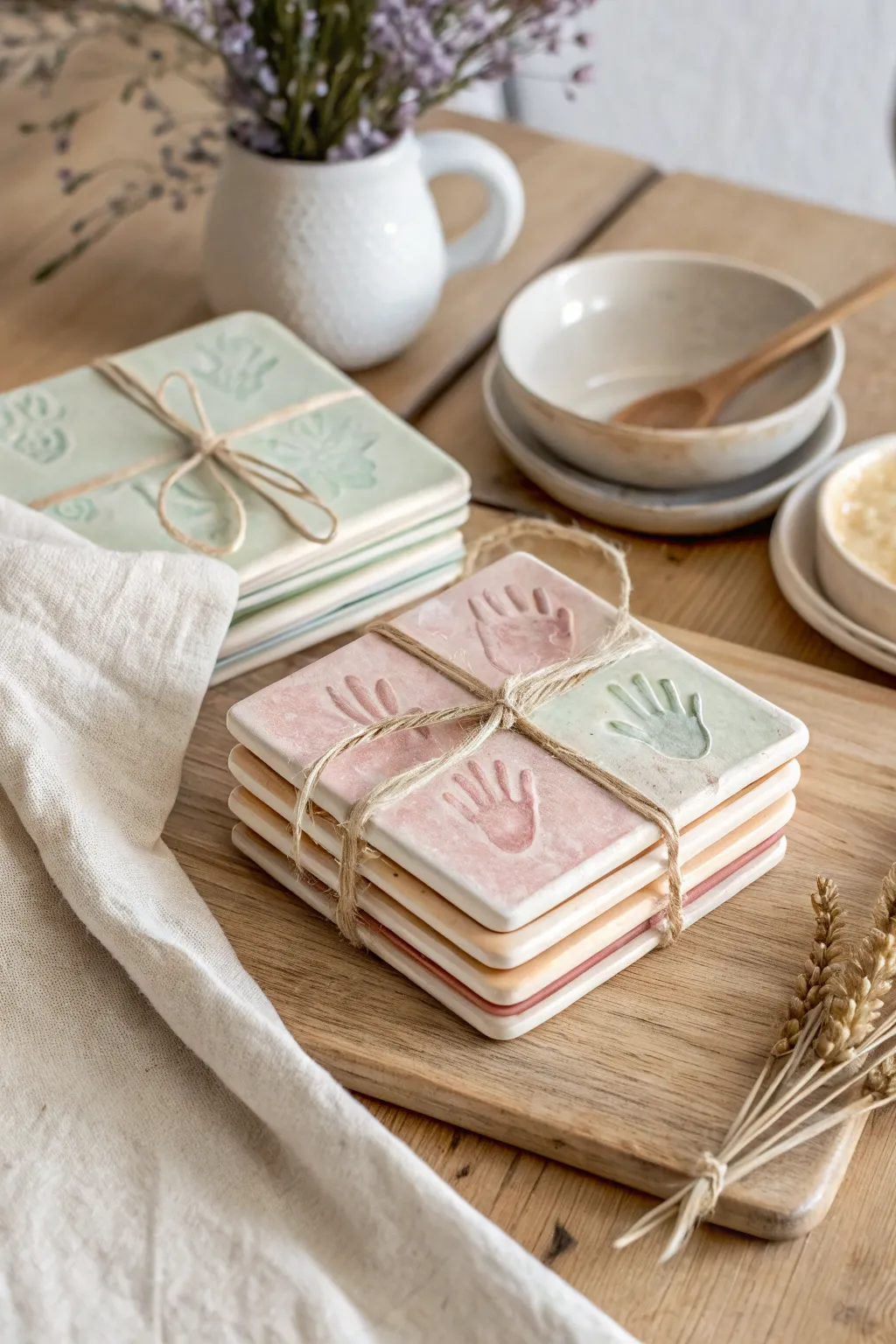 Giftable handprint coaster set in soft pastels, minimalist and handmade for a sweet keepsake.