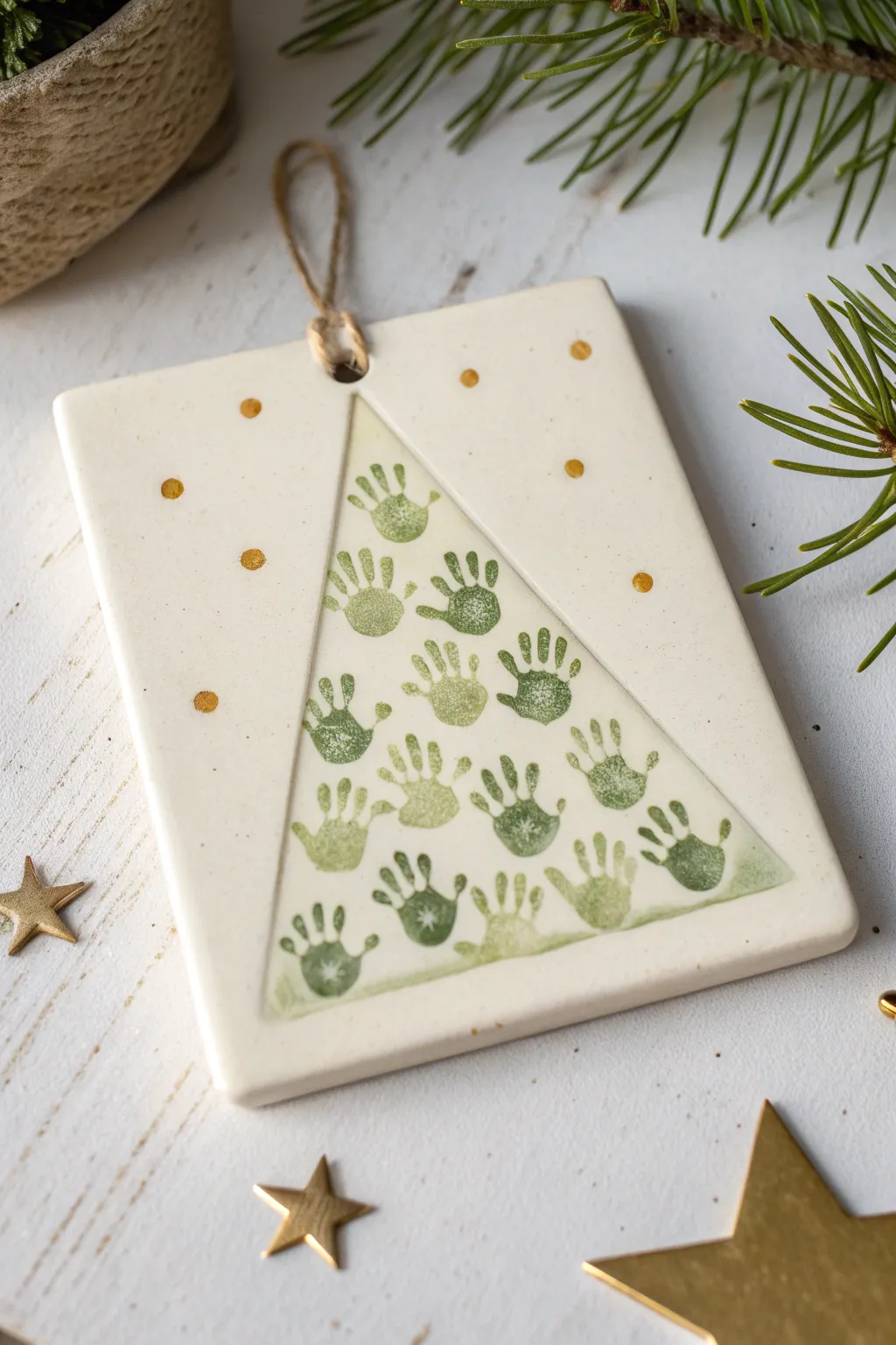 Minimal baby handprint Christmas tree on a handmade ceramic tile, sweet keepsake decor.