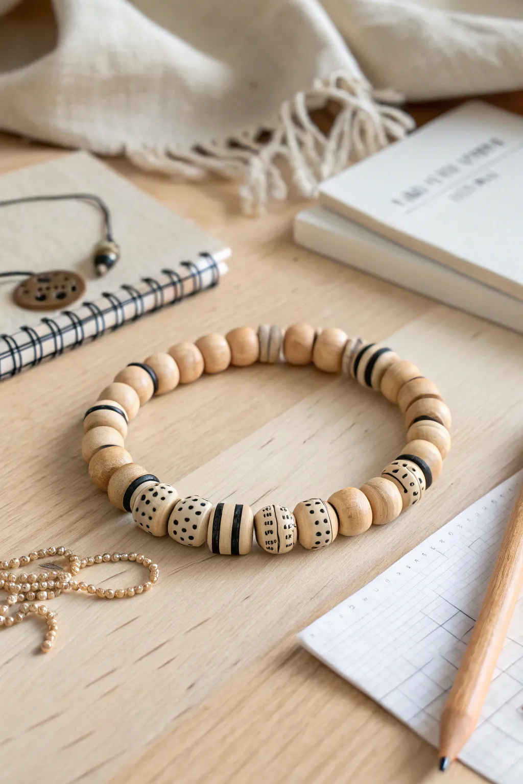 Ruler Stripe Bracelet: tan clay beads with black tick marks for a neat back to school vibe