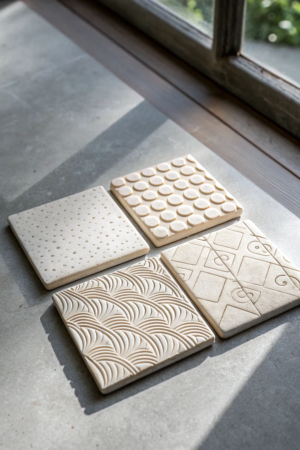 Texture-stamped clay tiles in simple patterns, a minimalist sample set perfect for beginners.
