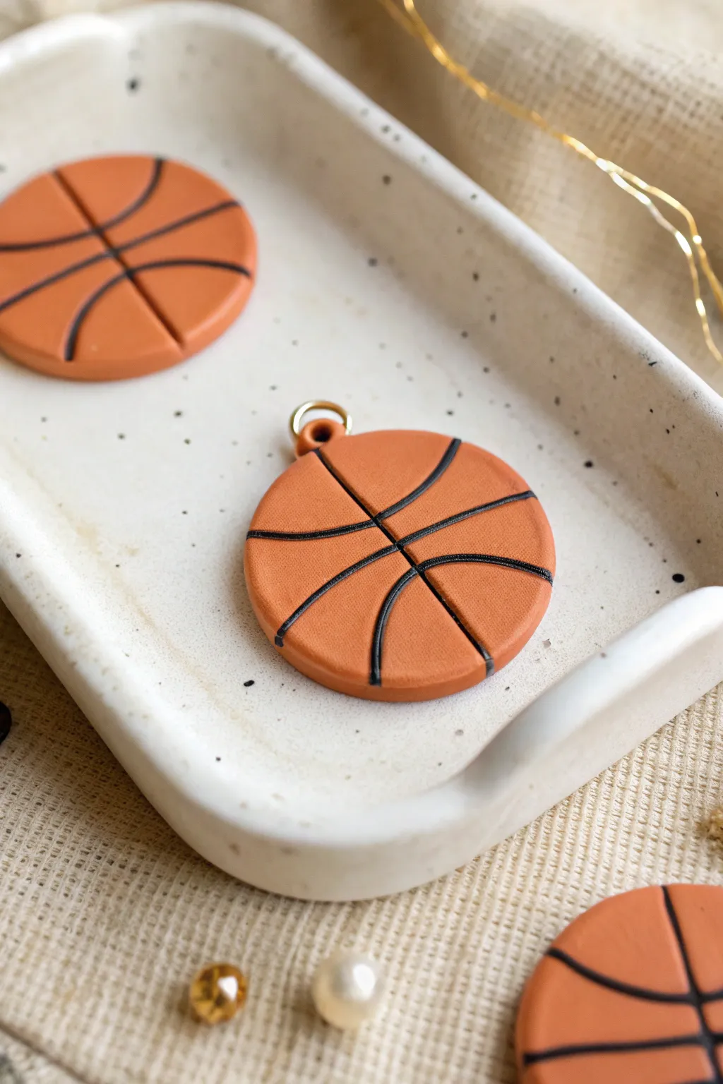 Minimal basketball cane-slice charm with playful confetti slices in Scandinavian boho style.