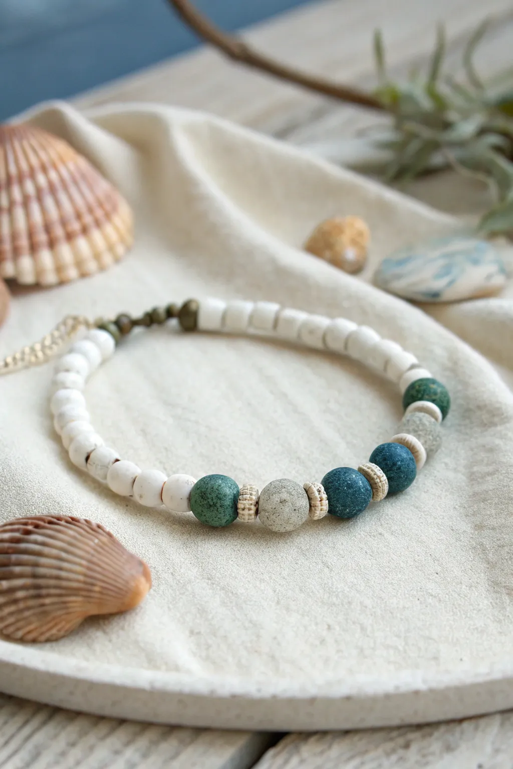 Tide pool inspired bracelet with heishi and pebble clay beads in calm coastal tones.