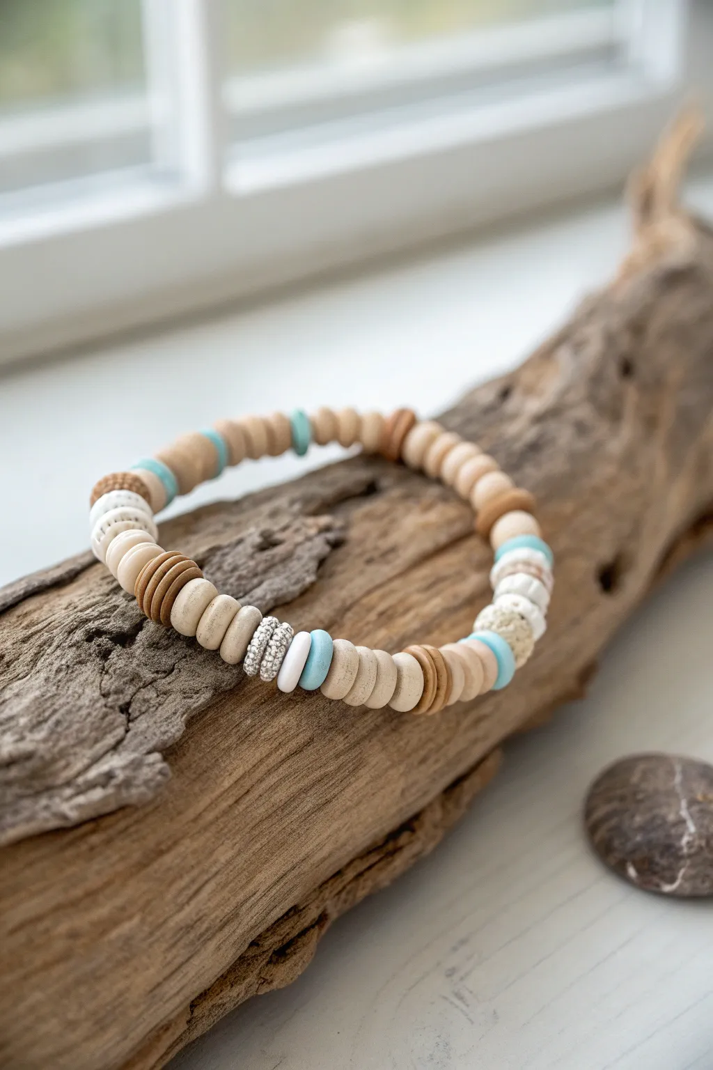 Driftwood neutrals: a creamy clay heishi bracelet with a whisper of sea-gray serenity.