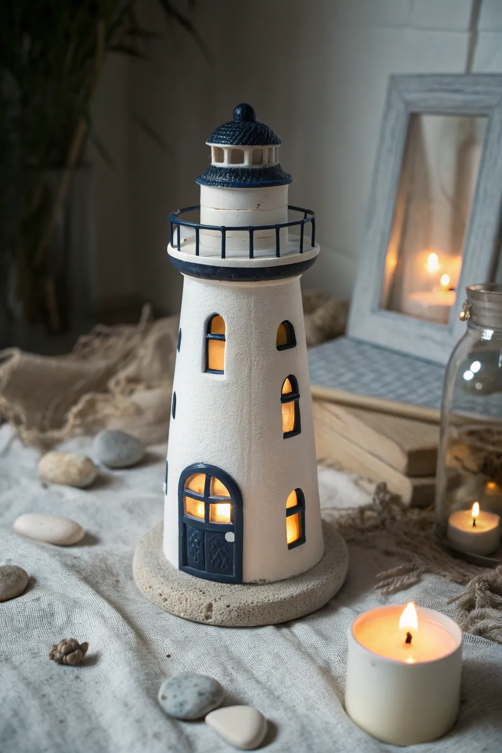 Soft-glow clay lighthouse tea light holder, a minimalist beachy accent for cozy evenings.