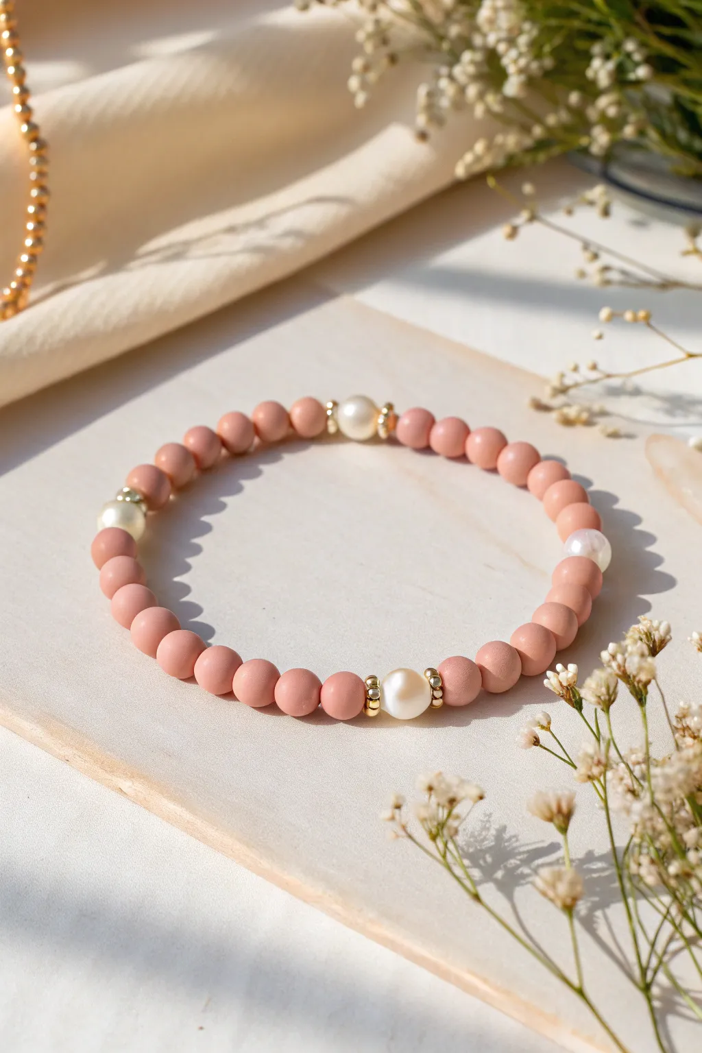 Matte clay and pearl-style beads create a soft, timeless bracelet with minimalist charm.