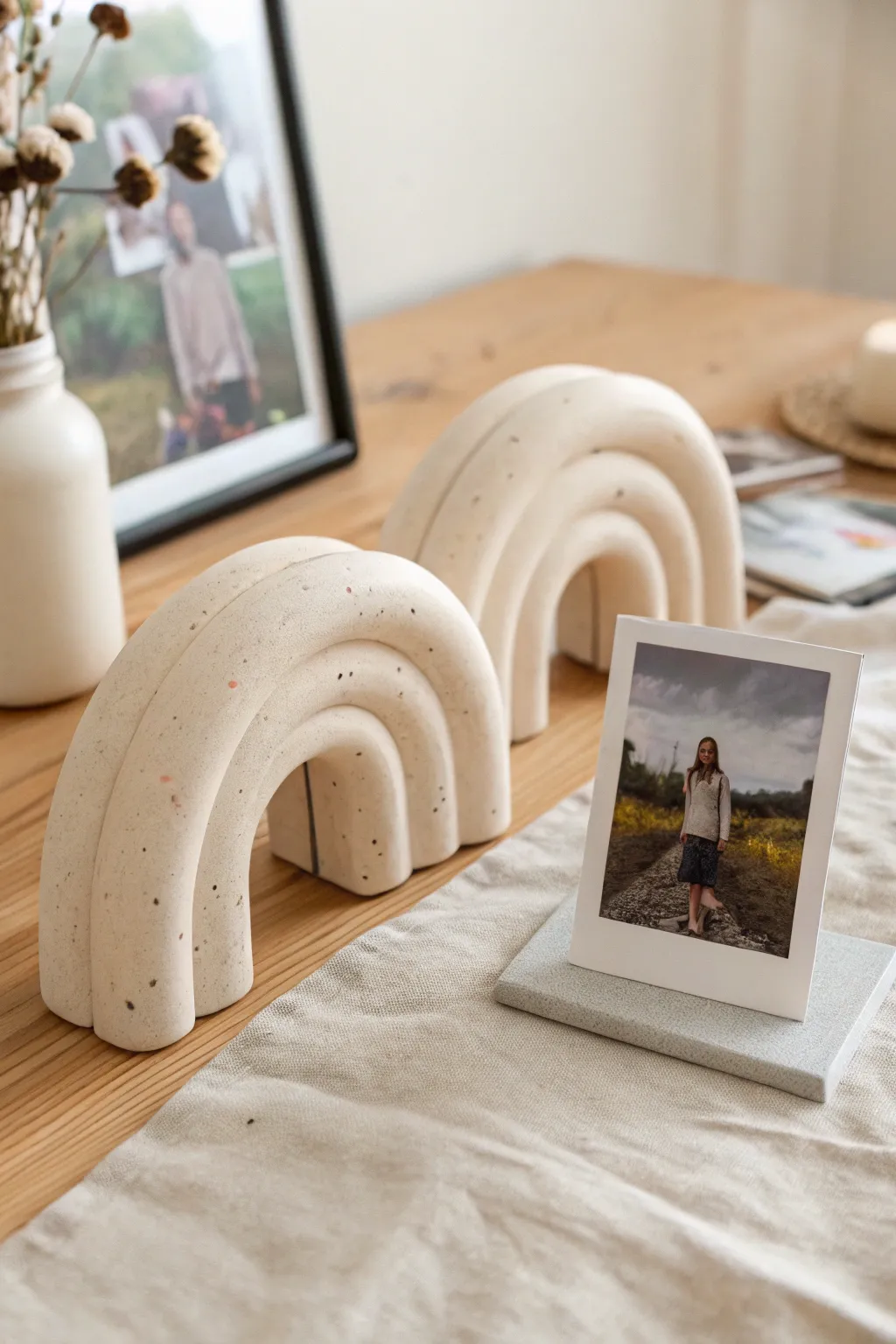 Matching clay photo holders for best friends, simple arches with tiny prints for a cozy desk vibe.