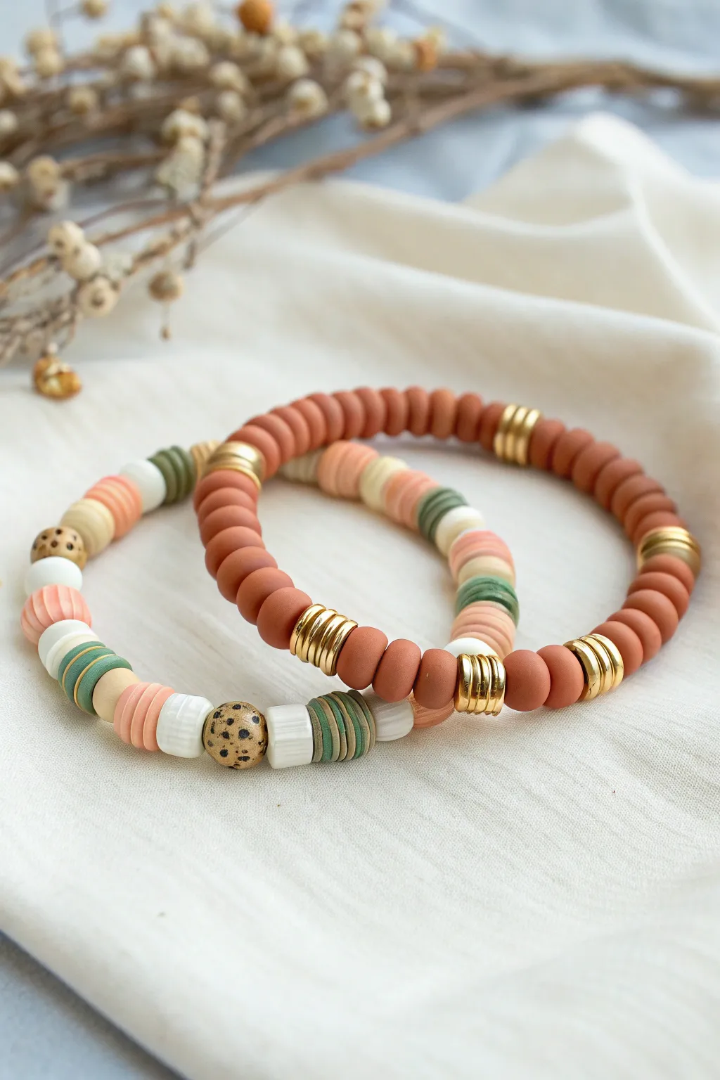 Coordinated BFF clay bead bracelets: stripes vs dots in a soft Scandinavian boho palette