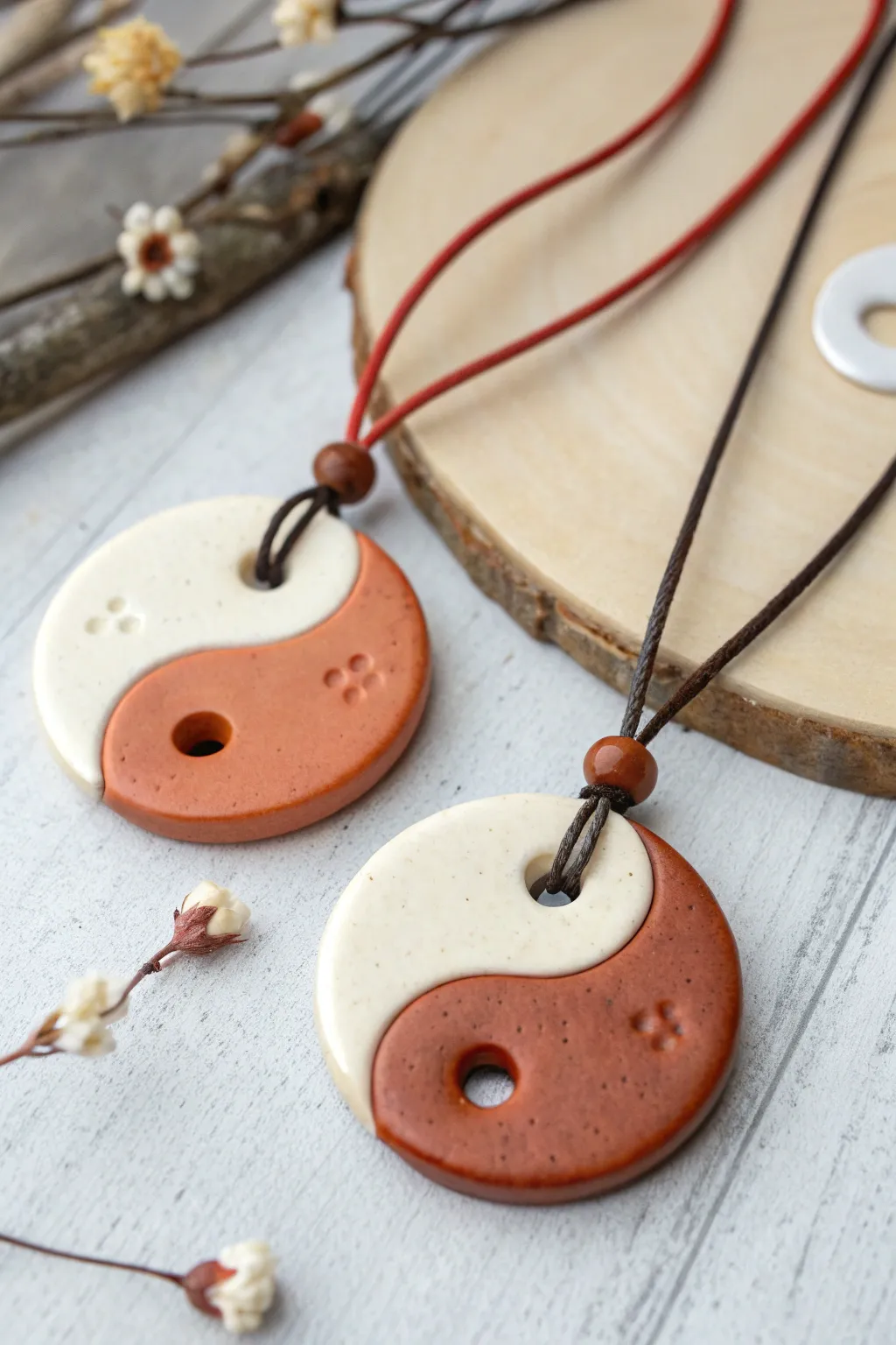 Interlocking yin-yang bestie pendant in terracotta and ivory, minimalist boho and handmade