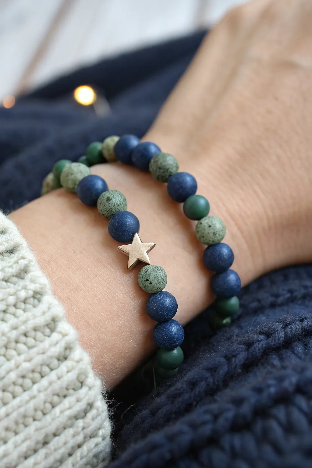 Midnight blue and earthy green clay beads with a tiny star charm for a zodiac birthday vibe