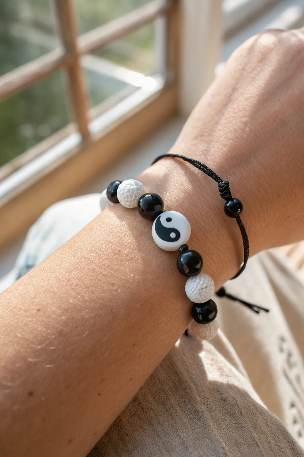 Yin yang centerpiece bracelet with matte black and white clay beads for a clean, balanced look