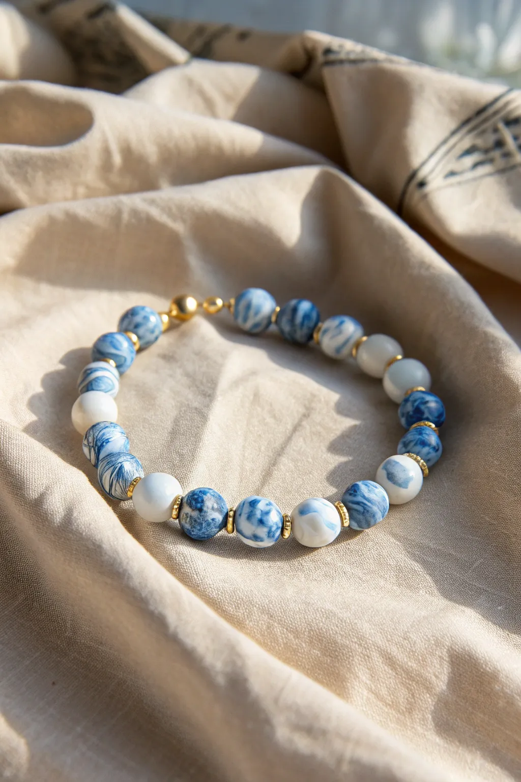 Marbled blue-and-white clay bead bracelet on linen, simple Nordic style with a boho touch