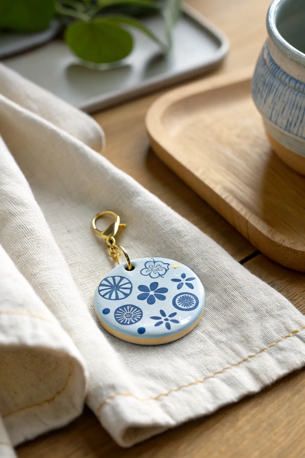 Minimal blue cane-slice charm with crisp patterns, perfect inspiration for polymer clay projects