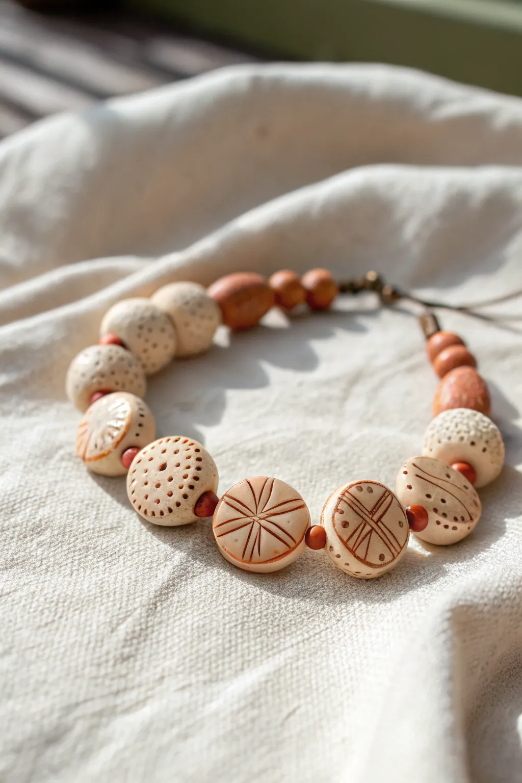 Hand-stamped textured clay disc bracelet in sand and terracotta, minimal boho and handmade charm.