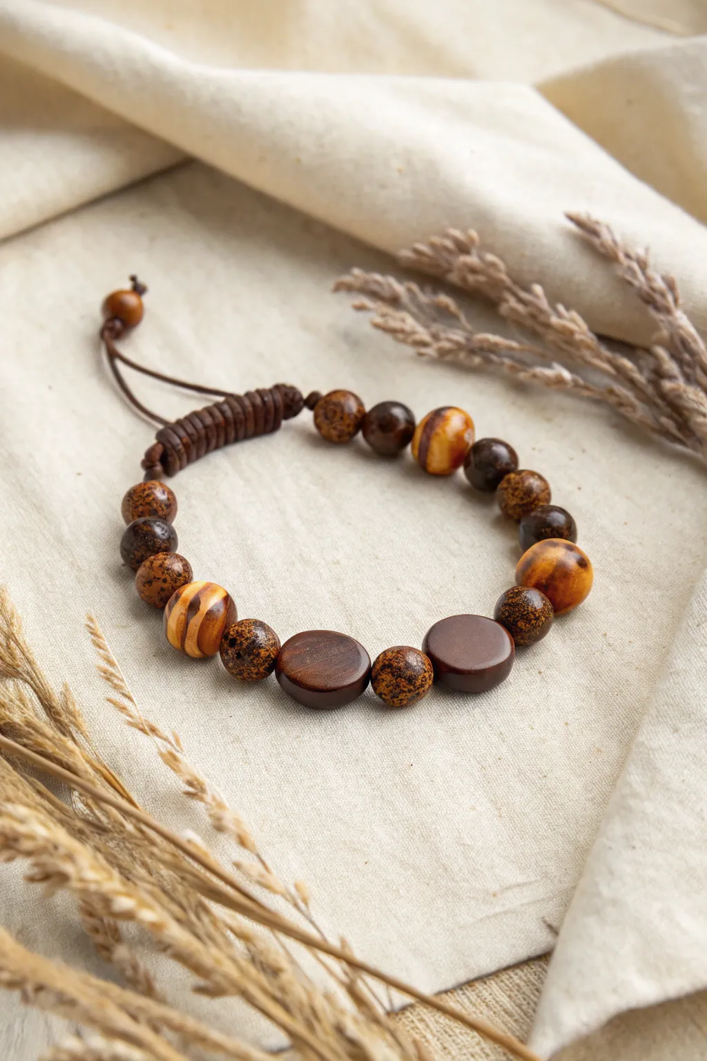 Tortoiseshell-inspired glossy brown statement beads paired with matte heishi discs for warm contrast