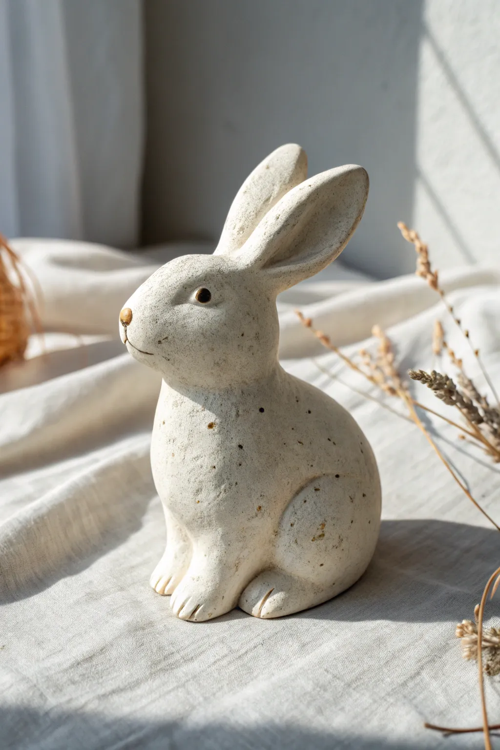 Textured fluffy clay bunny with a sweet cotton tail, styled in soft minimalist neutrals.