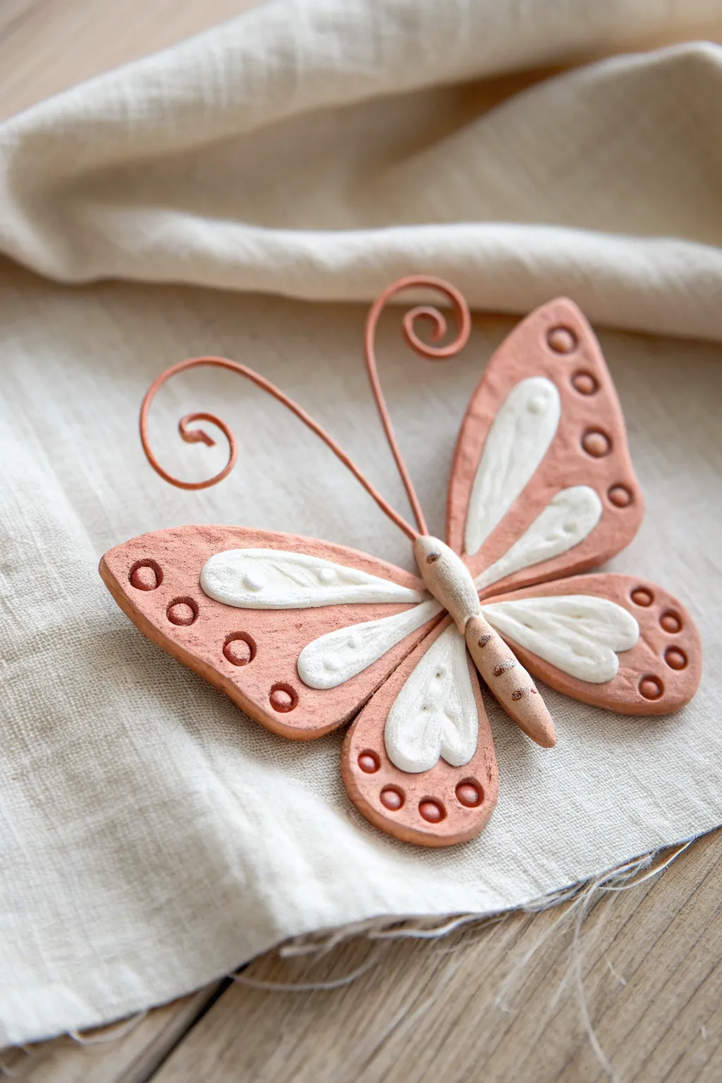Close-up clay butterfly with curled antenna tips, minimalist and boho perfect for easy DIY decor.