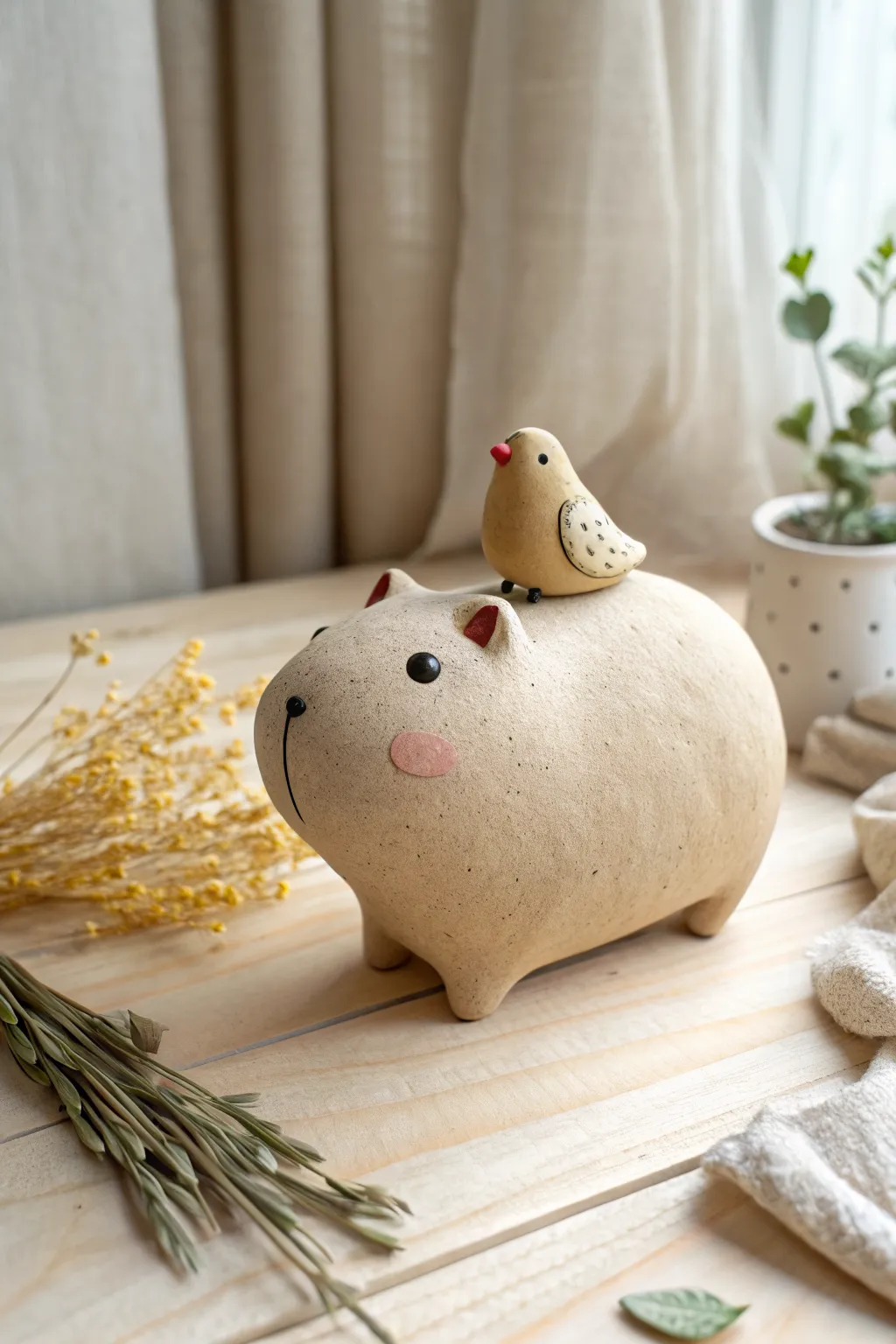 Sweet capybara clay loaf with tiny bird rider, minimal details, cozy Scandinavian vibe.