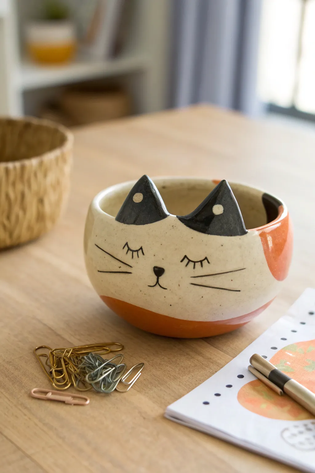 Calico color-block cat pinch pot catchall, a simple handmade bowl for clips or beads.
