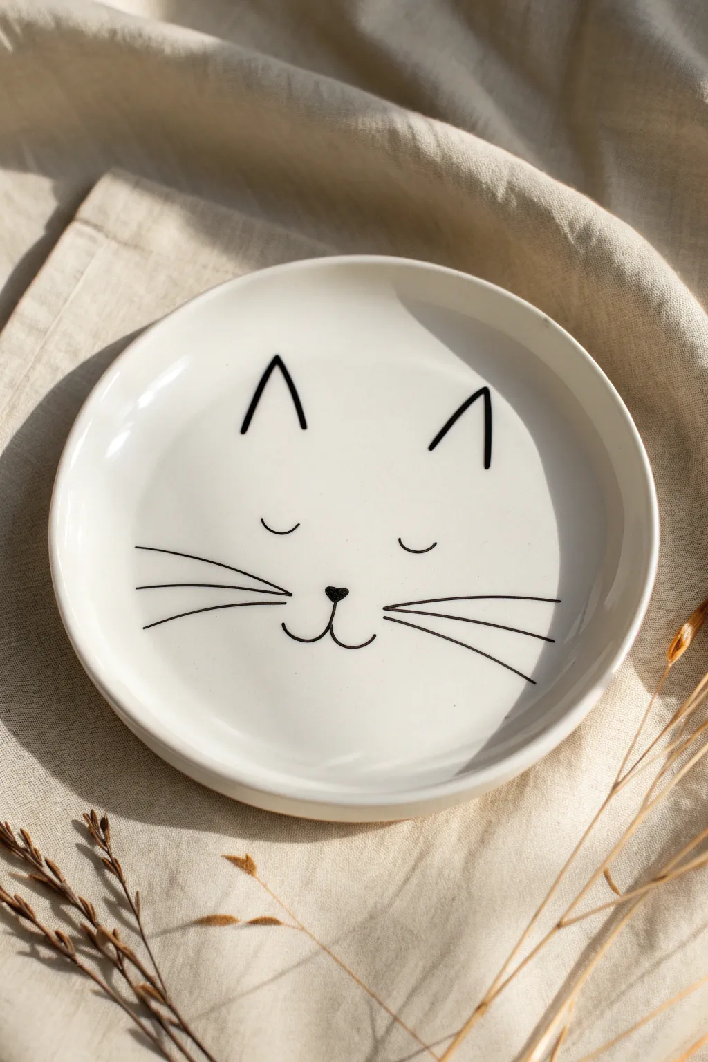 Minimal whiskers and nose line art on a white plate, a chic beginner cat pottery idea.