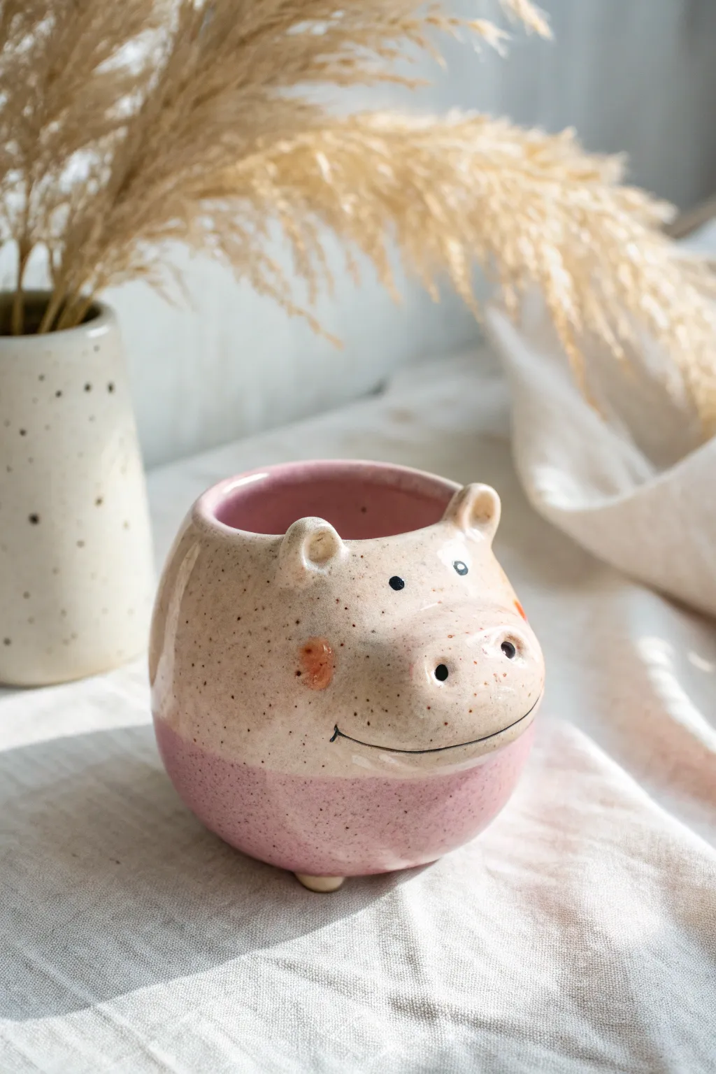 Sweet pastel hippo cup with a wide mouth rim, minimalist handmade charm for cozy tea moments.