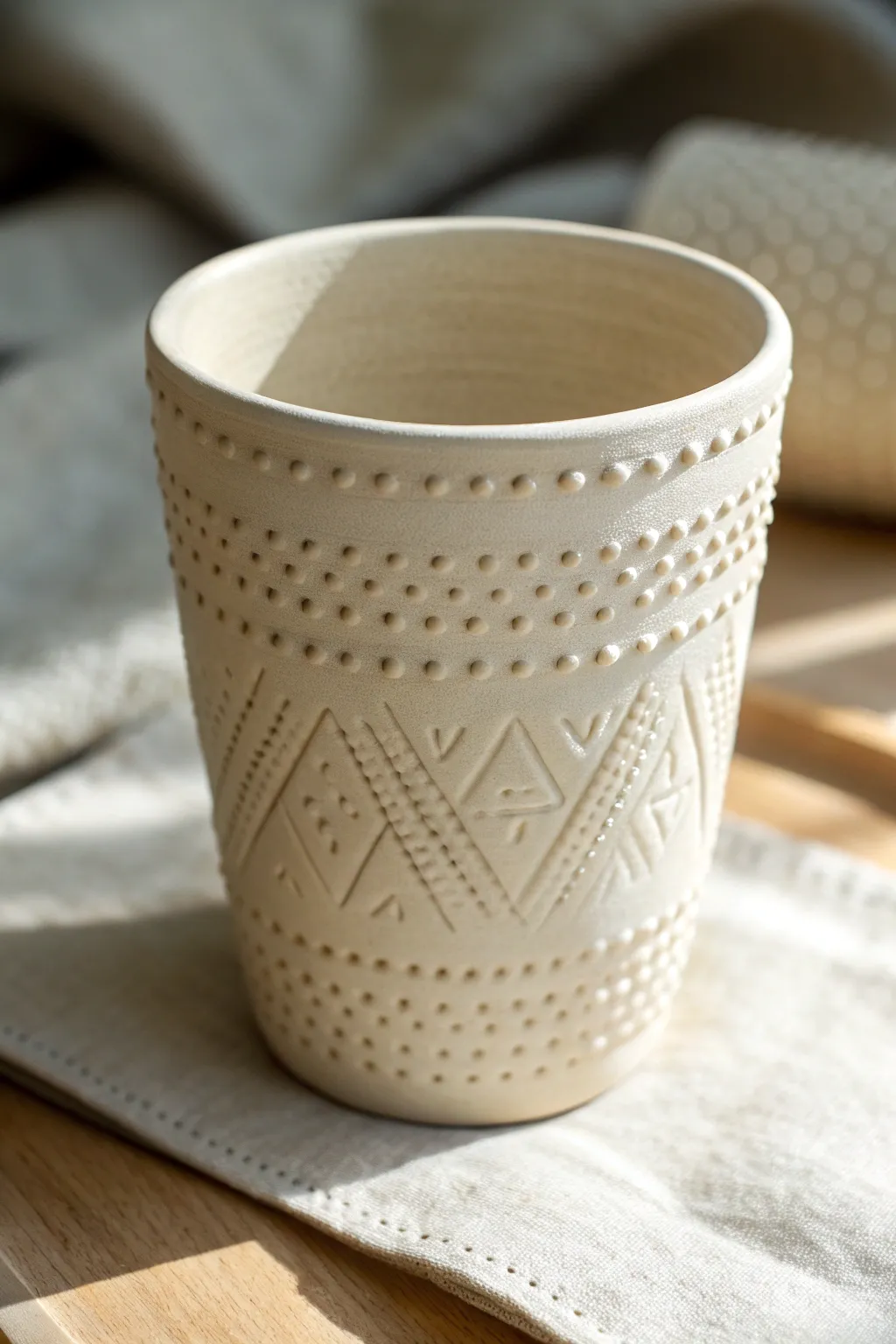 Simple stamped texture tumbler in soft stoneware tones, a cozy boho-minimal ceramic idea.
