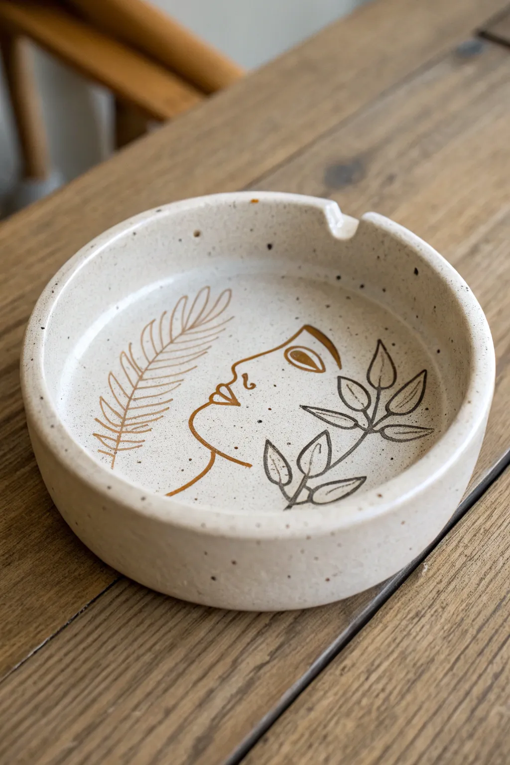 Minimal sgraffito line-art ashtray in warm matte clay, clean lines and soft Nordic boho styling