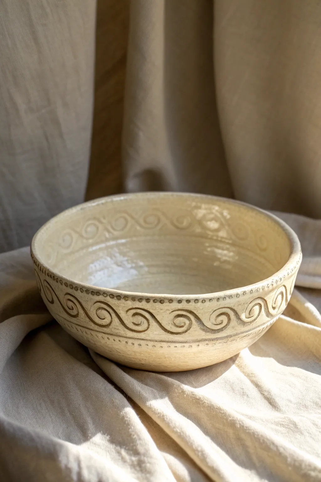 Subtle raised slip trails and clear glaze give this minimalist bowl a touchable, handmade glow.