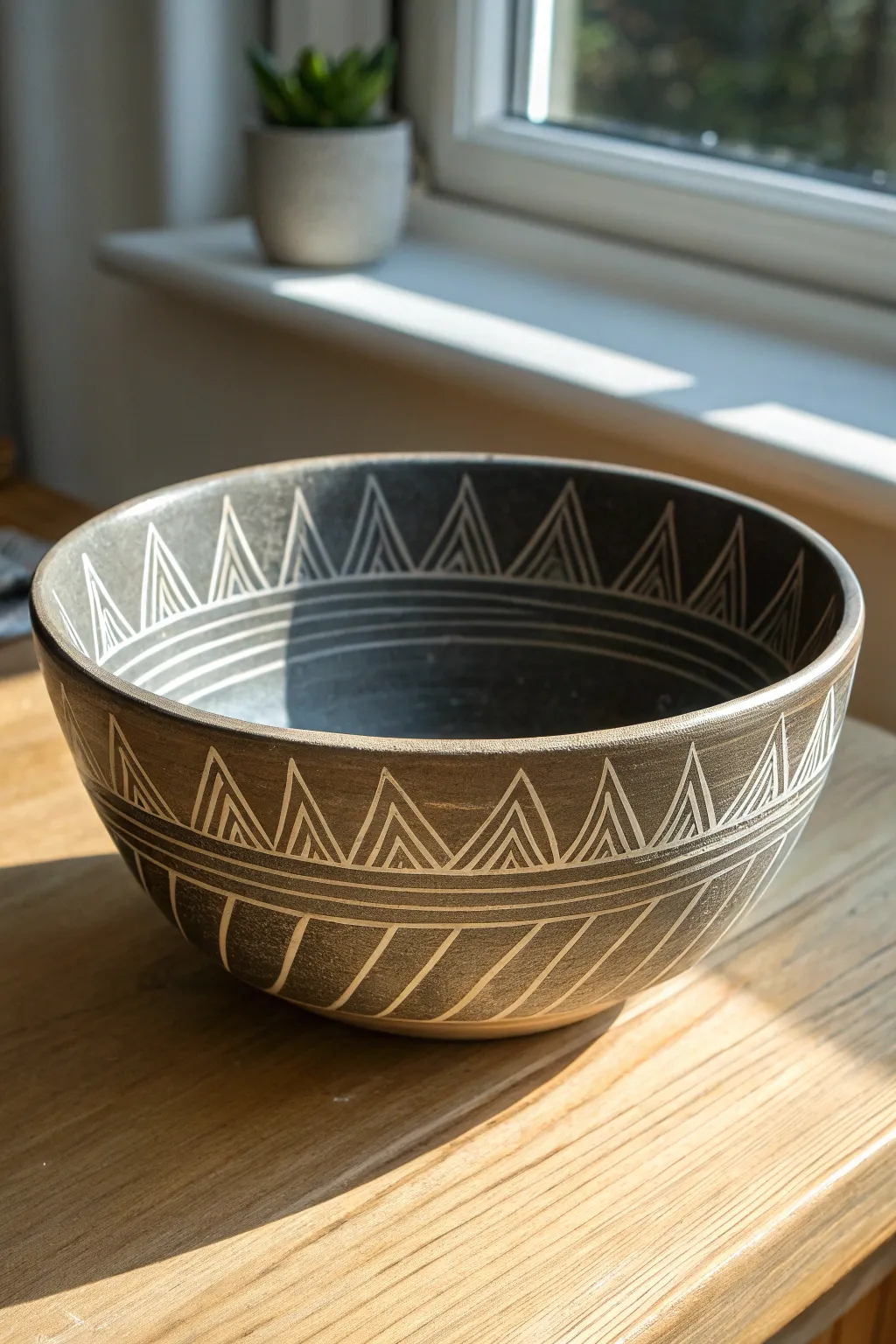 High-contrast sgraffito bowl with crisp carved lines and warm clay reveal, minimal and tactile.