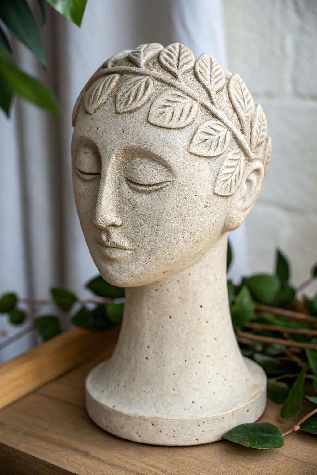 Minimal ceramic bust with soft raised vines and leaves for an easy, elegant surface texture.