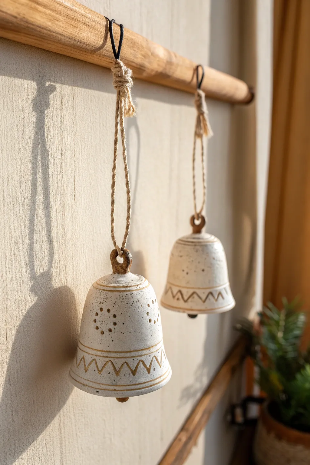 Minimal clay bell ornaments with carved lines and matte glaze for cozy Scandinavian decor.