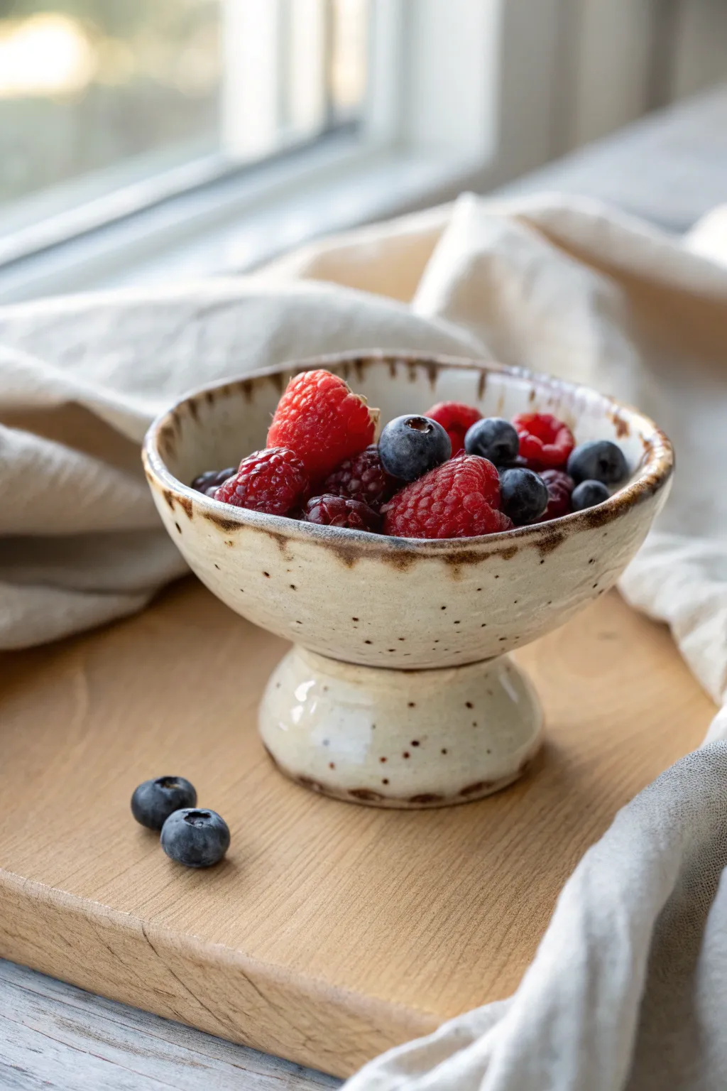 Tiny pedestal dessert bowl with glossy glaze and berries, a sweet minimalist pottery idea.